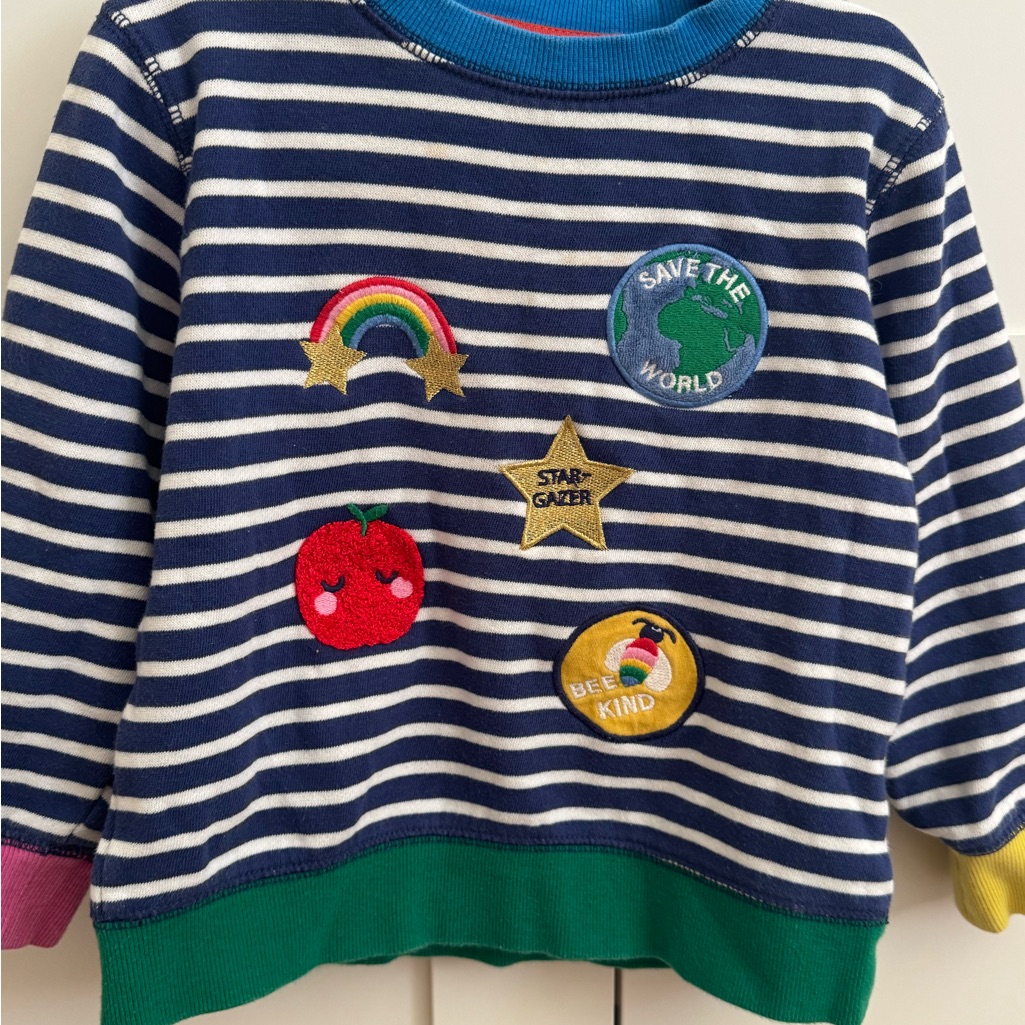 Mini Boden Blue And White Striped Kids Sweatshirt With Colorful Patches